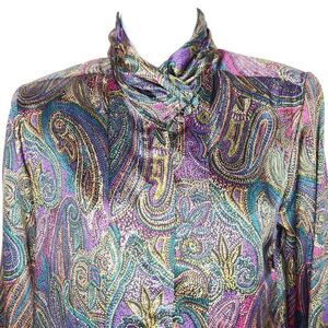 Vintage Tess Paisley Secretary Blouse Sz 4P Purple Teal Gold Shoulder Pads
